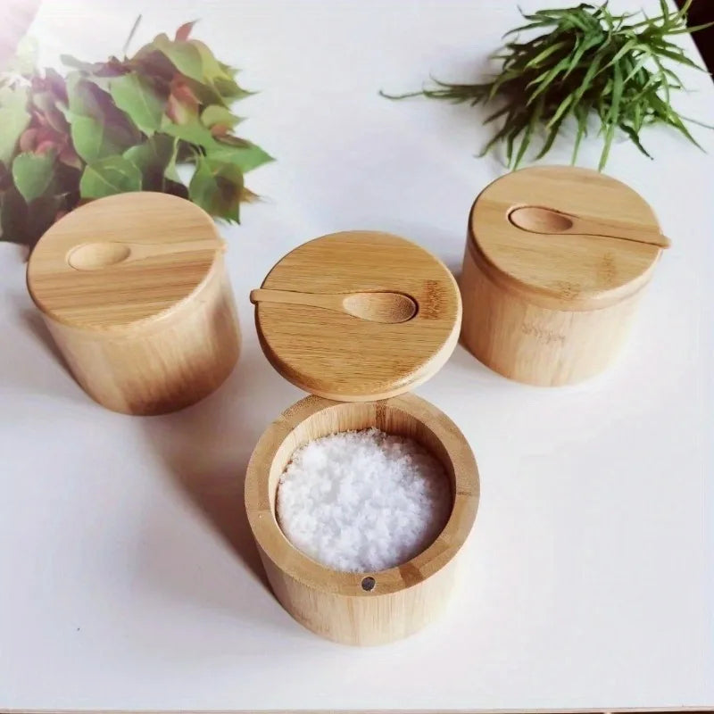 Bamboo Salt & Pepper Jars – Wooden Condiment Bowl Set with Lids