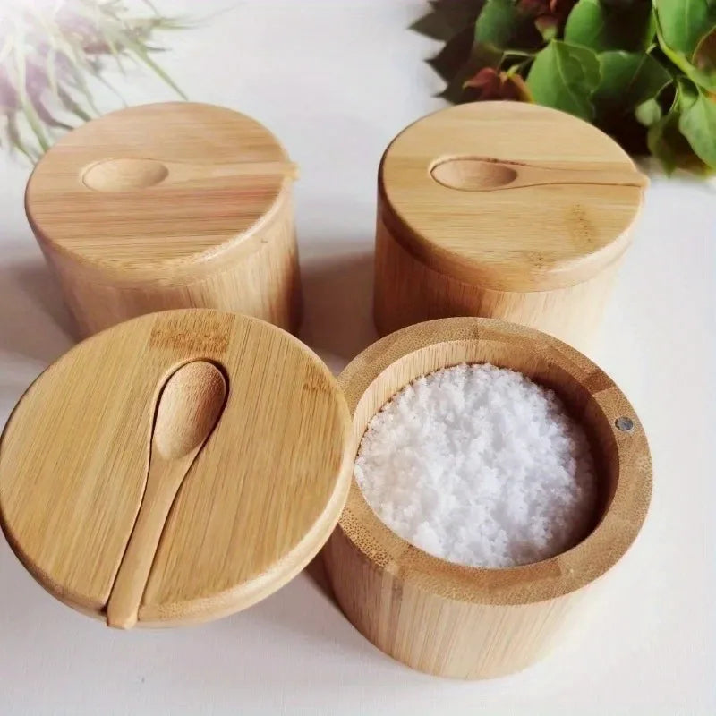 Bamboo Salt & Pepper Jars – Wooden Condiment Bowl Set with Lids